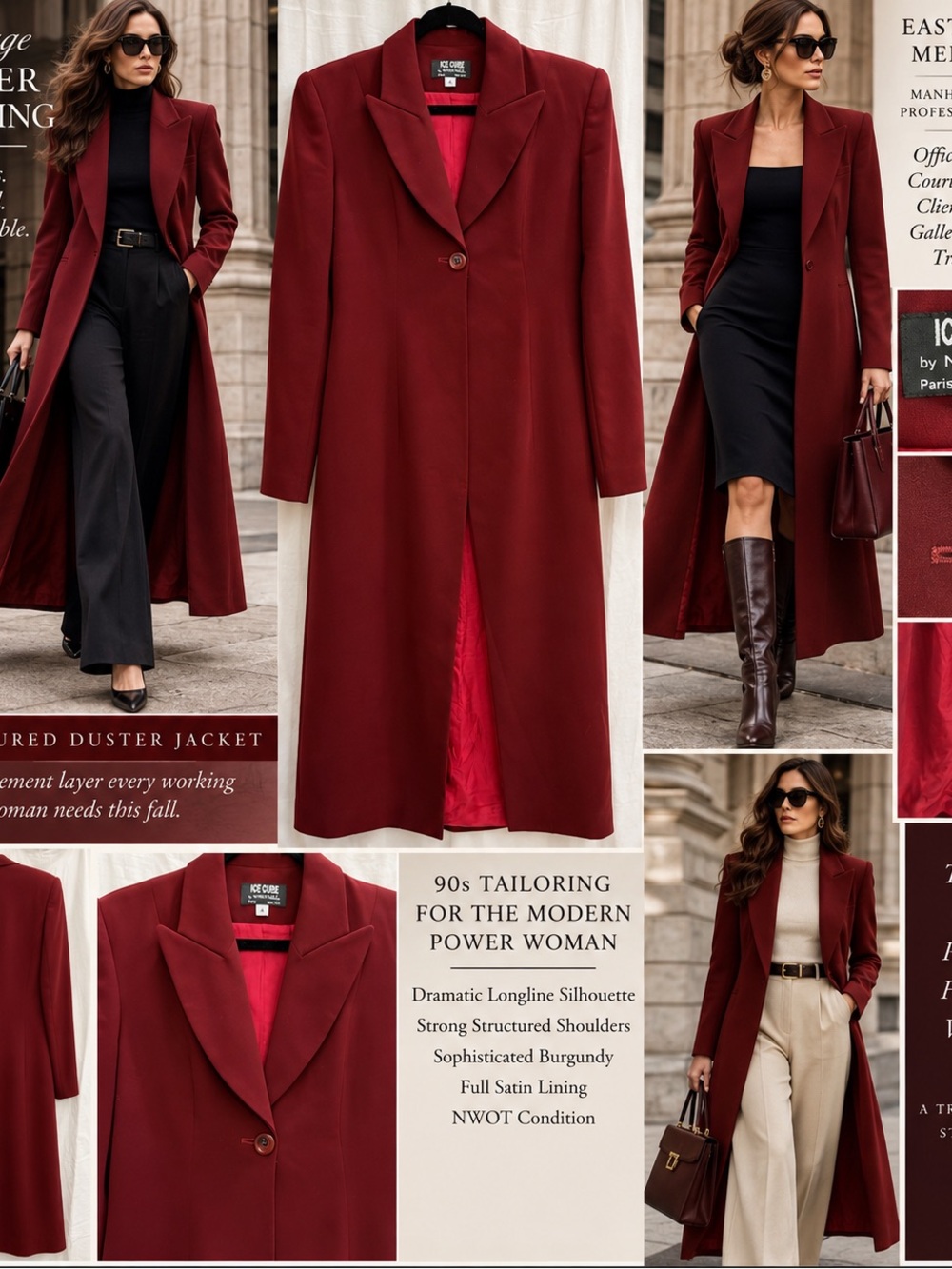 NWOT VTG 90s Ice Cube Michael Burgundy Structured Duster Coat 4 Paris New York